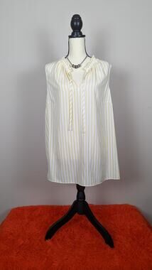 Ava & Viv Yellow & White Striped Ruffle Neck Tie Sleeveless Tank Top Blouse 2X
